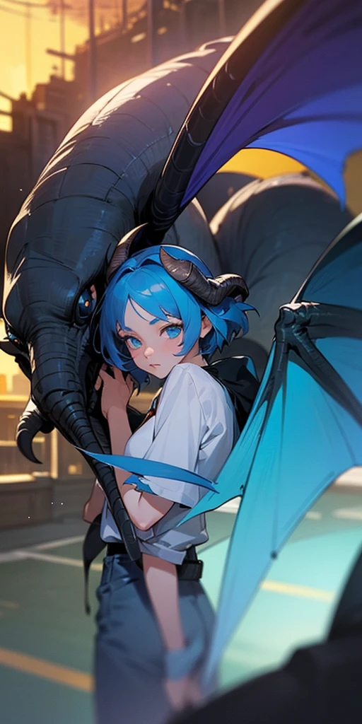 Anime girl with blue hair and horns on the street, 3D realistic animation, 2. 5D CGI anime fantasy artwork, Anime style 3d, Anime style. 8K, 4k Anime style, 3d style realistic anime, deviantart artstation cgscosiety, Digital Animation Art, guweiz style art, detailed Digital Animation Art, White shirt, Dragon Wings