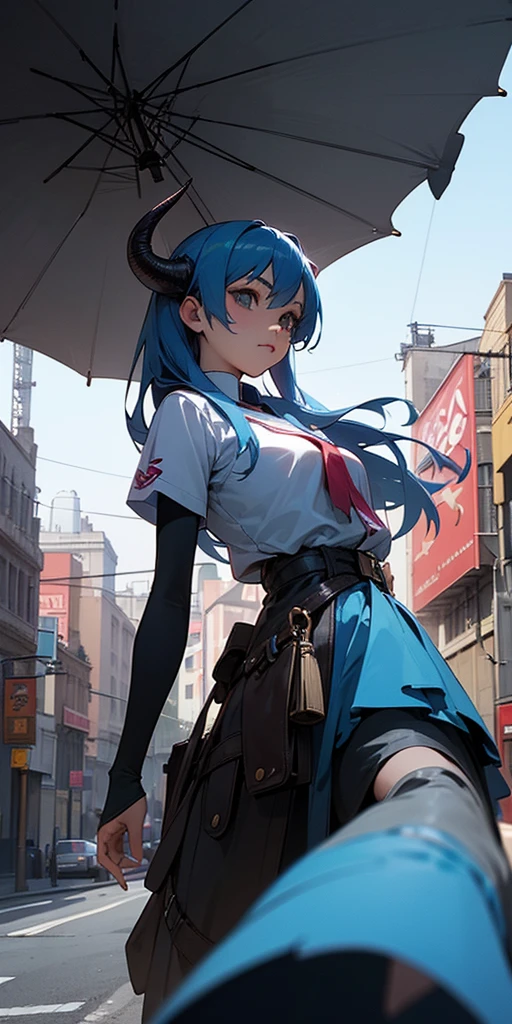 Anime girl with blue hair and horns on the street, 3D realistic animation, 2. 5D CGI anime fantasy artwork, Anime style 3d, Anime style. 8K, 4k Anime style, 3d style realistic anime, deviantart artstation cgscosiety, Digital Animation Art, guweiz style art, detailed Digital Animation Art, White shirt, Dragon Wings