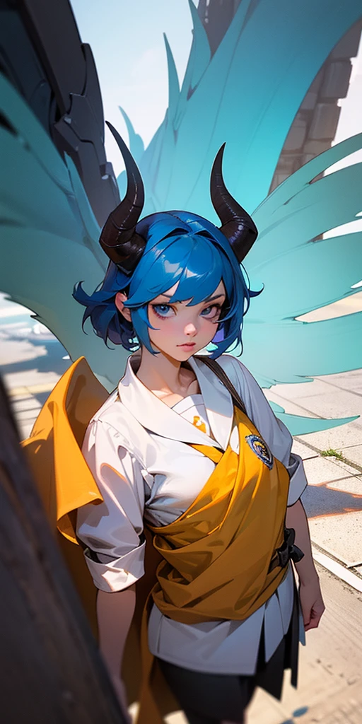 Anime girl with blue hair and horns on the street, 3D realistic animation, 2. 5D CGI anime fantasy artwork, Anime style 3d, Anime style. 8K, 4k Anime style, 3d style realistic anime, deviantart artstation cgscosiety, Digital Animation Art, guweiz style art, detailed Digital Animation Art, White shirt, Dragon Wings