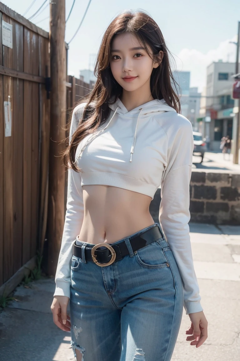 a girl, Thick belly button hoodie, long sleeve, (bare midriff, exposed navel), sexy abs, navel open,completely exposed abdomen, Hot pants reveal mermaid line, metal belt, cowboy shot, summer street, 8k, best quality, masterpiece, photorealistic, ultra-detailed, vivid colors, professional lighting, cinematic, dynamic pose, dramatic lighting, intricate details,Looking at the camera,Smile,Sweaty skin