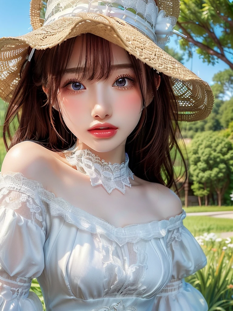 ((highest quality)),(超A high resolution),(Very detailed),(Detailed Description),((The best CG)),(masterpiece),Very detailedなアート、Small breasts、(((Whitening 1.5)))、Clear skin quality、Off the shoulder、(((White long lace dress 1.5)))、Big straw hat、Blue sky background、