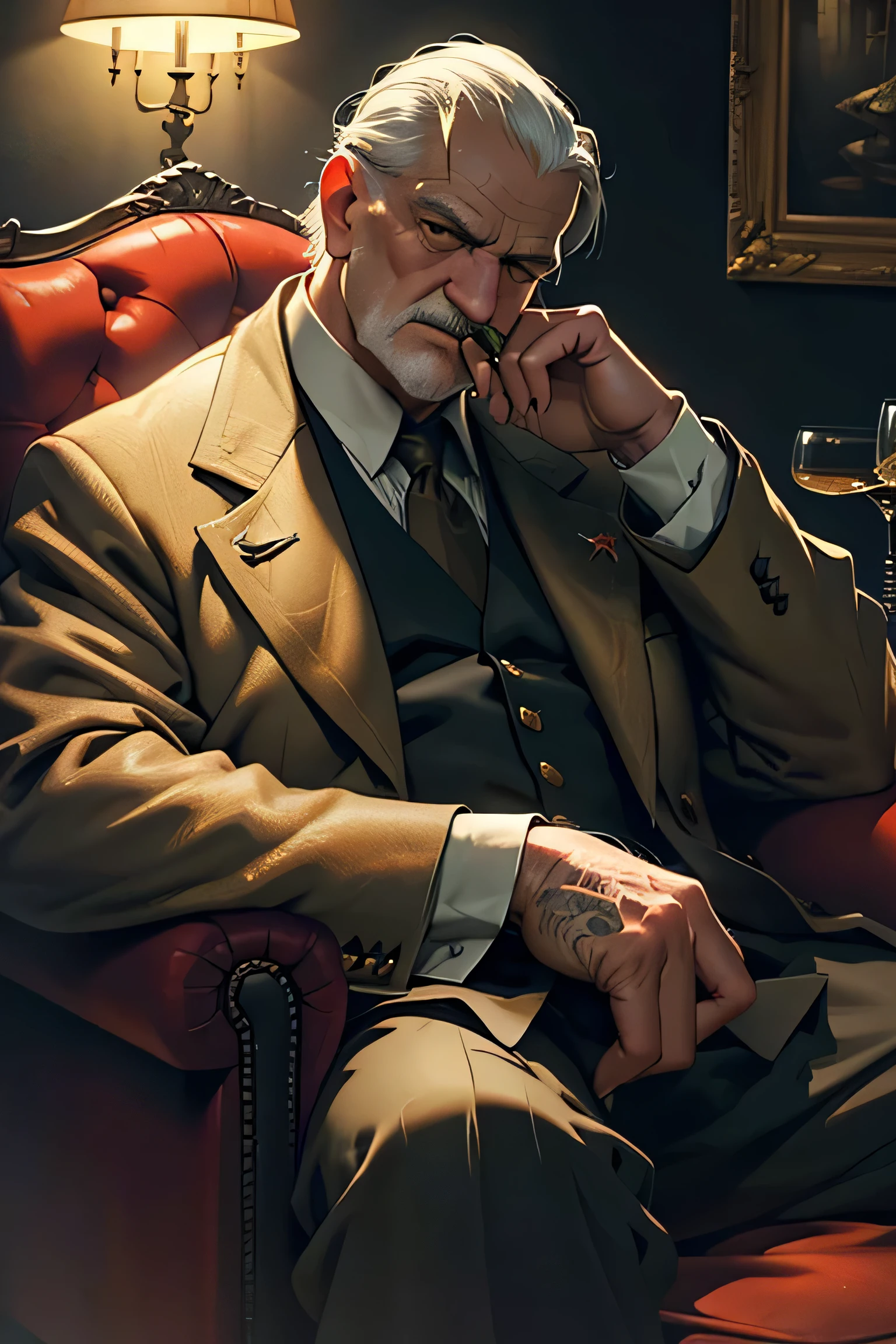 a old man dressed as don vito corleone, sitting in an armchair behind a table, cigar in hand, extremely detailed, realistic, photorealistic, 8k, masterpiece, hyper detailed, cinematic lighting, chiaroscuro, dramatic shadows, moody atmosphere, rich colors, vibrant textures, digital painting, hyperrealism