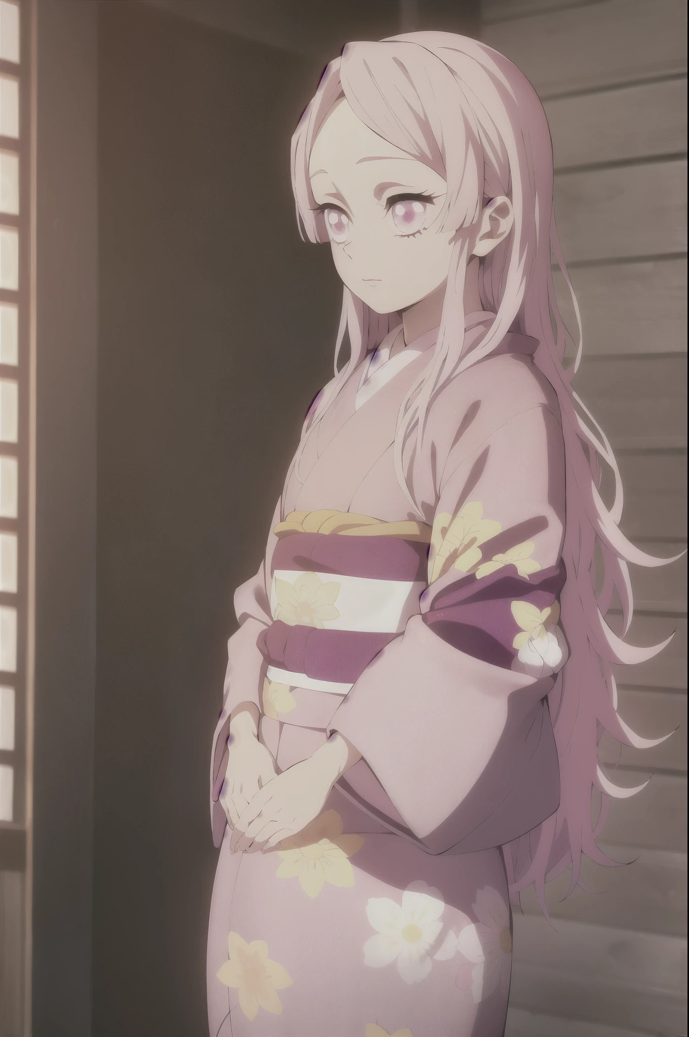 kimetsu no yaiba style,1girl, solo, japanese clothes, kimono, pink eyes, long straight hair, hair over shoulder, floral print, light pink hair, upper body, anime coloring,  ((masterpiece)) 