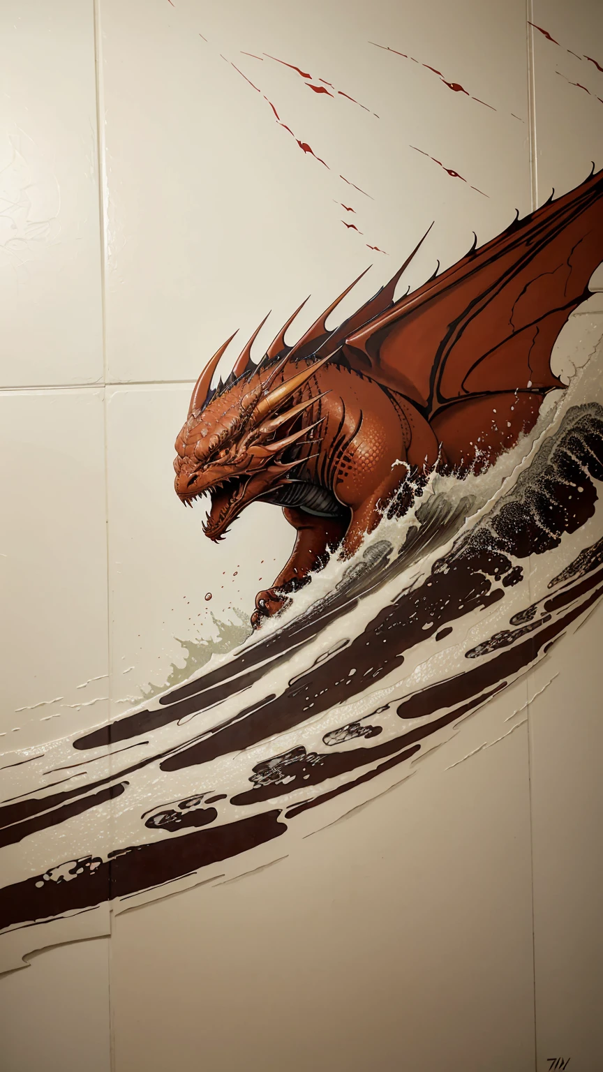 red dragon in the waves art print, in the style of kōji morimoto, neo-traditional japanese, john blanche, murals and wall drawings, tyler walpole, intense close-ups, absurdist --ar 71:128 --stylize 750 --v 5.2
