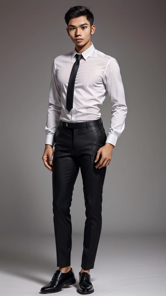 A captivating portrait of a thin and bald Indonesian man with bald haircut, wearing a white shirt, black tie, black pants, and black leather shoes. This classic combination creates an elegant and professional impression, while radiating assertiveness in a simple yet charming style. The contrasting colors enhance the strong visual appeal.