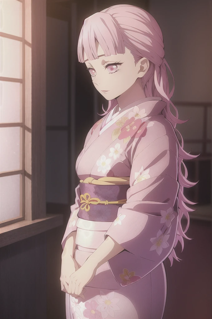 kimetsu no yaiba style,1girl, mature lady, solo, japanese clothes, kimono, pink eyes, long straight hair, hair over shoulder, floral print, light pink hair, upper body, anime coloring, ((masterpiece))