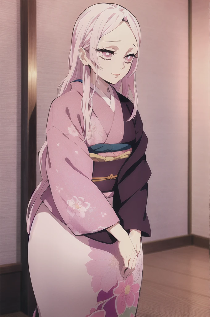 kimetsu no yaiba style,1girl, mature lady, solo, japanese clothes, kimono, pink eyes, long straight hair, hair over shoulder, floral print, light pink hair, upper body, anime coloring, ((masterpiece))