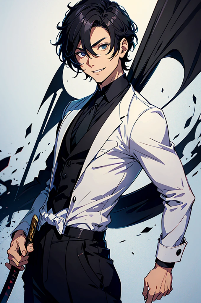 un chico elegante, pelo corto negro, ojos color cafe muy alto, con una katana y muy alegre pero muy alegre