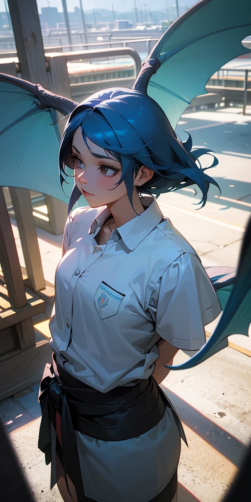 Anime girl with blue hair and horns on the street, 3D realistic animation, 2. 5D CGI anime fantasy artwork, Anime style 3d, Anime style. 8K, 4k Anime style, 3d style realistic anime, deviantart artstation cgscosiety, Digital Animation Art, guweiz style art, detailed Digital Animation Art, White shirt, Dragon Wings