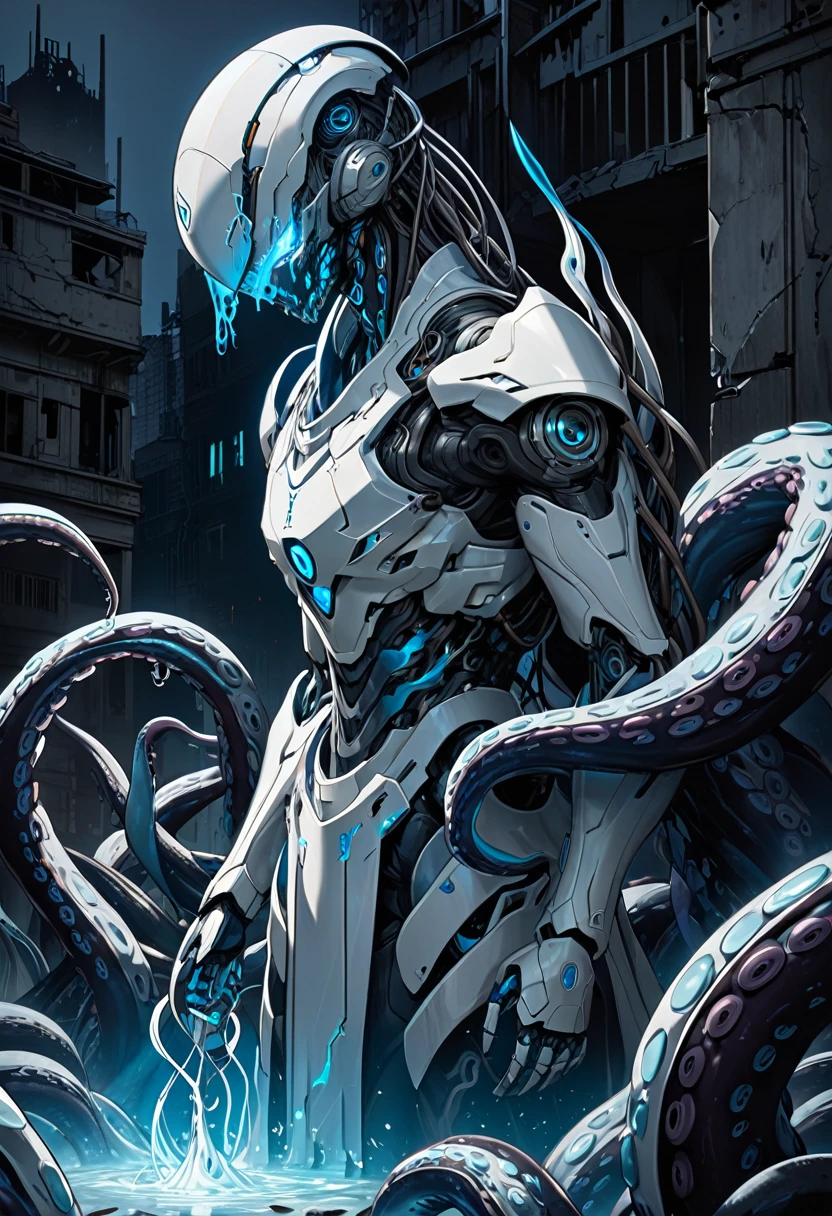 In the heart of a ravaged city, a cyborg emerges from the shadows, its exobone structure glistening with a faint blue glow. The white titanium armor plating seems to absorb the faint light, as if feeding off the darkness. Tentacles writhe from its back, like living tendrils, as it surveys its domain with an unblinking gaze.