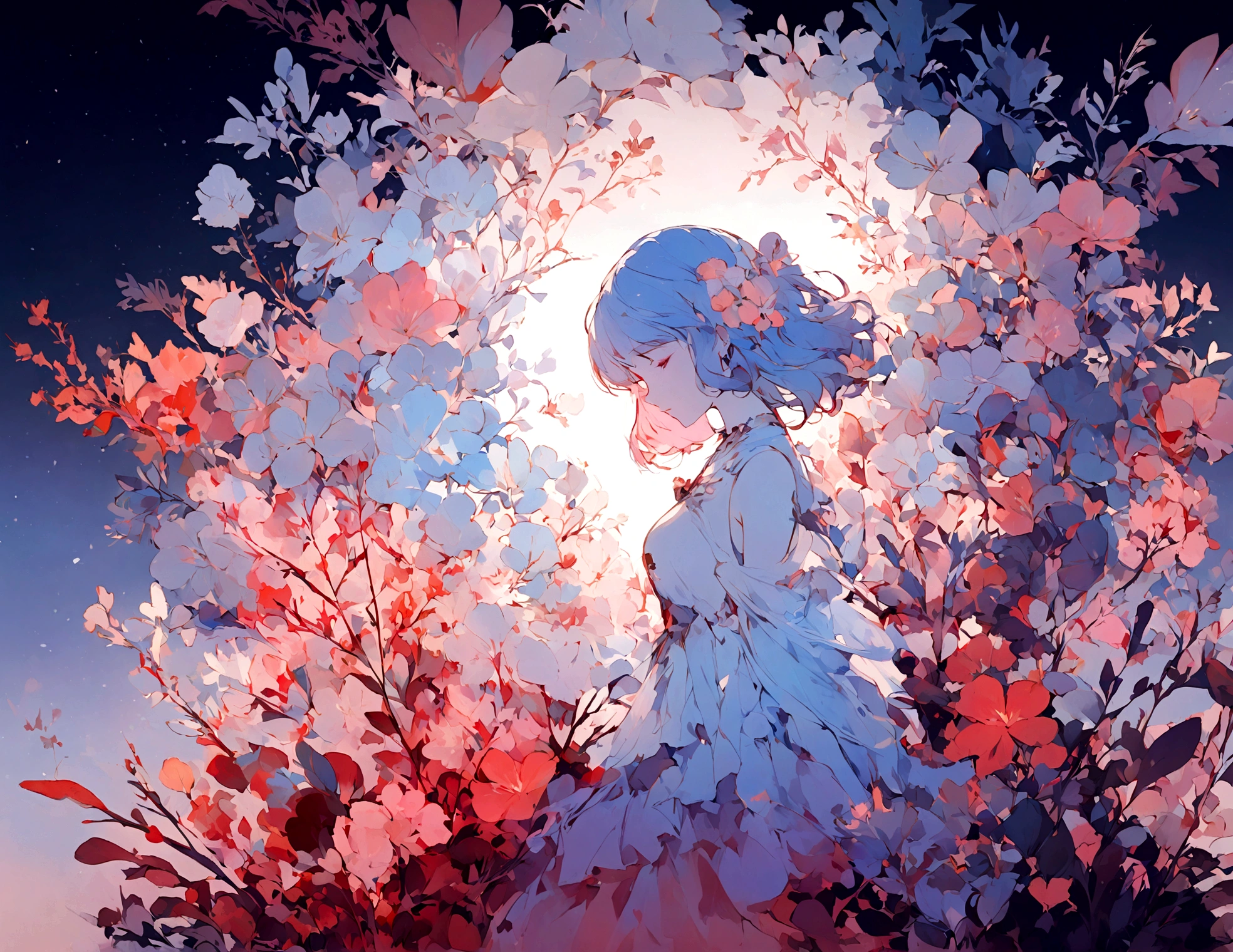 1 Girl,flower, Platycodon ,Light pink and light blue style, Dreamy and romantic composition, light pink, ethereal foliage, Interesting arrangement,fantasy, High contrast, Ink strokes,  Impression of purple with red tones , Abstract