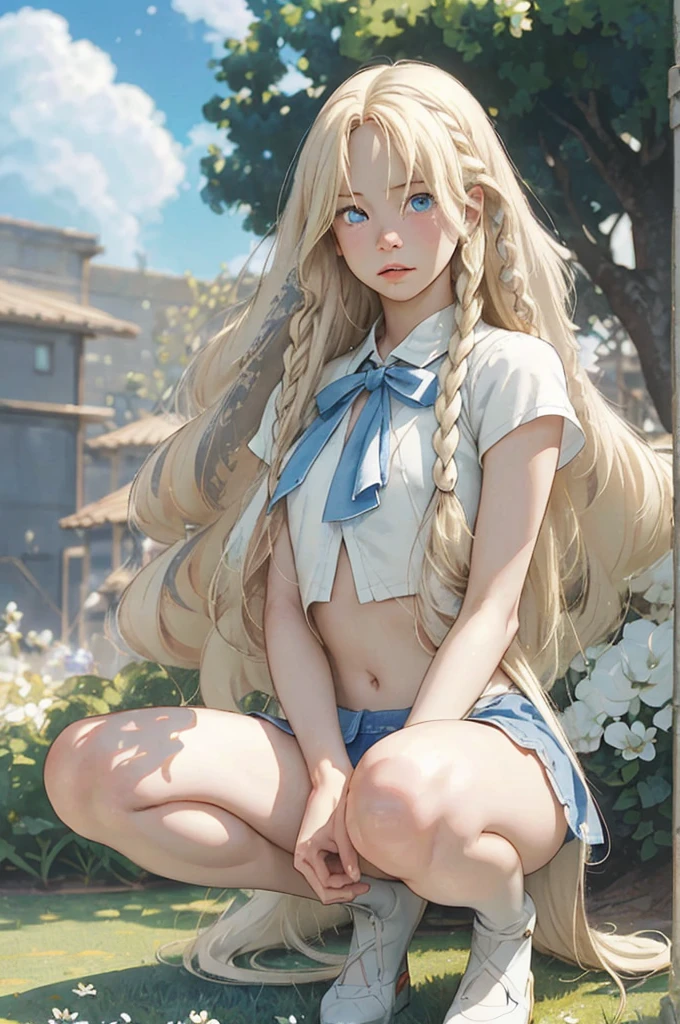 (masterpiece, best quality), ultra high resolution, depth of field, 1 pretty anime girl, , finely detailed, high details, high quality shadow, beautifully detailed, (bokeh: 1.5), solo, flower, outdoor, day, sky, cloud, sunlight, white shirt with short sleeves, very short denim skirt, cropped, full body, whole body in the middle of the picture, blue sky, (highly detailed skin, skin details), look viewer, long blonde hair,  artfully braided hair, parted lips,  breasts, flat stomach, long hair (platinum blonde hair:1.5), ((blue eyes)), Art by Makoto Shinkai, Anime Moe Artstyle, Digital Art on Pixiv, Azur Lane Style, squatting, legs open, tight panties