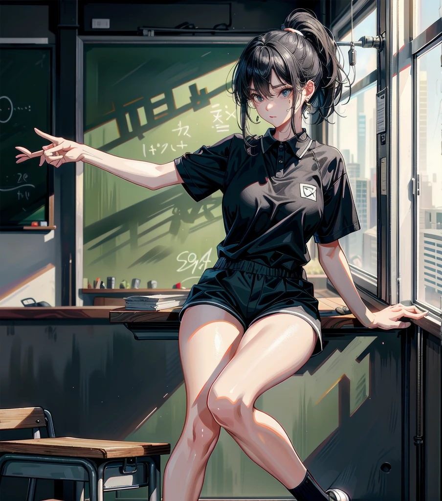 whole body, solo, alone, perfect anatomy, correct body, ideal ratio of body proportions, tearful mole, earring, medium hair, black hair, medium tits, classroom, tennis uniform, shorts,