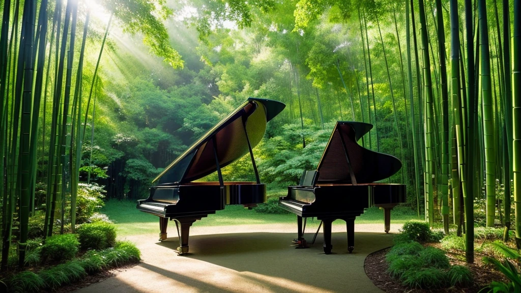 A grand piano placed in a bamboo forest with sunlight filtering through the trees、The soft sunlight filtering through the trees makes it sparkle.、One grand piano、There is no one、With Makoto Shinkai-esque illustration touch、Rough anime style