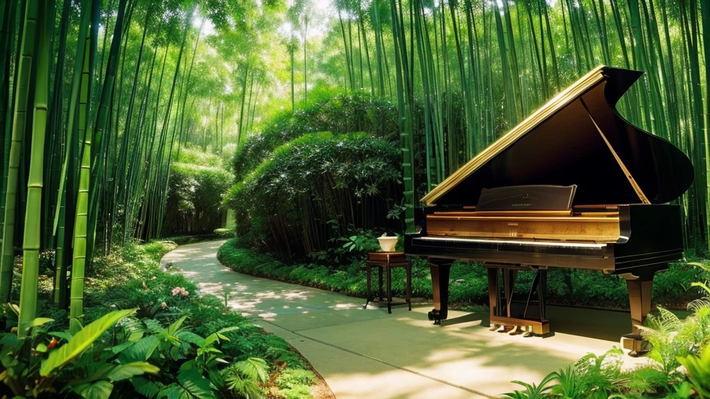 A grand piano placed in a bamboo forest with sunlight filtering through the trees、The soft sunlight filtering through the trees makes it sparkle.、One grand piano、There is no one、With Makoto Shinkai-esque illustration touch、Rough anime style