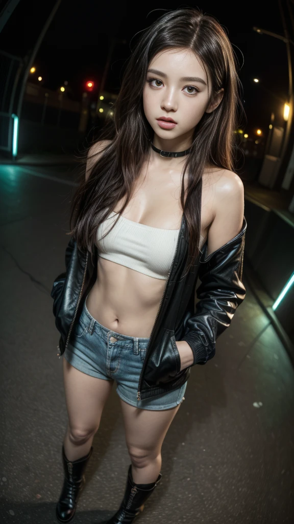 (((8k wallpaper of extremely detailed CG unit:1.2, masterpiece, hight resolution:1.2, top-quality:1.2, masutepiece))), ((a very beautiful woman, Hands in pockets:1.8, Street fashion:1.2, wearing a colorful jacket:1.2, denim, Wearing boots)), ((extra detailed face, Highly detailed black eyes, extra detailed body, Top quality real texture skins)), (Red Straight Hair:1.2, de pele branca, exposed shoulder), ((Empty alley, Mileland. natta, Neon Street)), (high-angle, a closeup, Fisheye:1.3), hyper realisitic, digitial painting,