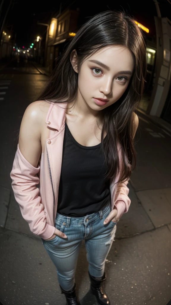 (((8k wallpaper of extremely detailed CG unit:1.2, ​masterpiece, hight resolution:1.2, top-quality:1.2, masutepiece))), ((a very beautiful woman, Hands in pockets:1.8, Street fashion:1.2, wearing a colorful jacket:1.2, denim, Wearing boots)), ((extra detailed face, Highly detailed black eyes, extra detailed body, Top quality real texture skins)), (Red Straight Hair:1.2, de pele branca, exposed shoulder), ((Empty alley, Mileland. natta, Neon Street)), (high-angle, a closeup, Fisheye:1.3), hyper realisitic, digitial painting,