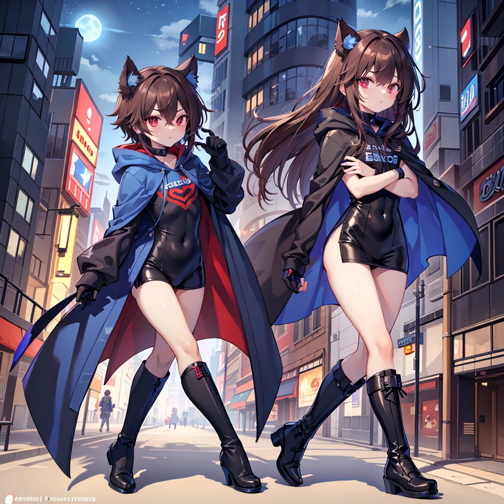 1boy, Femboy, superhero, crossdresser man, teenager, with a dark blue with red accents full body Spandex crow themed suit, with a blue cape, a blue glowing decal in the chest, black gloves and black boots that resemble crow feet, and a hoodie, long technological red sword, brown skinned, red eyes, feminine shoulder length dark brown hair, wide hips, thick thighs , flat chest, narrow waist, walking down street a futuristic city at night ((only one character))