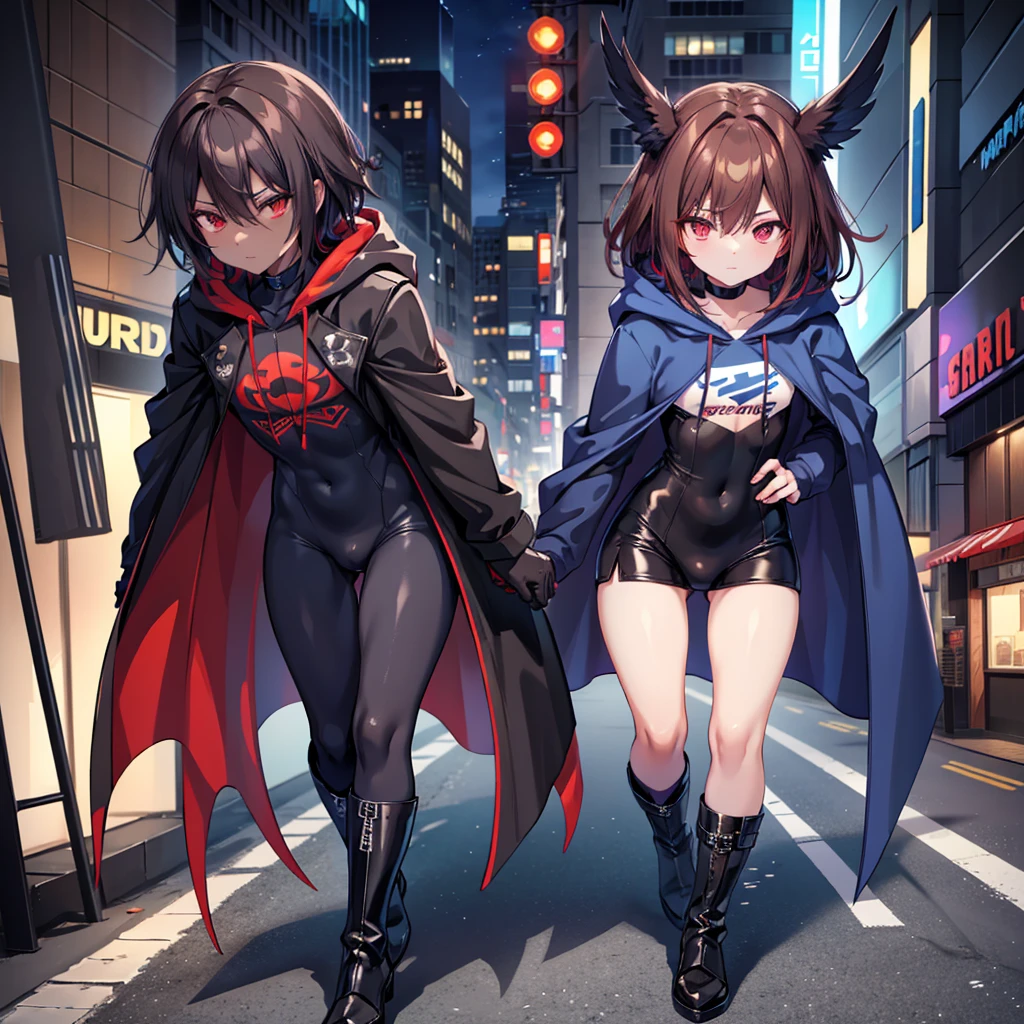1boy, Femboy, superhero, crossdresser man, ager, with a dark blue with red accents full body Spandex crow themed suit, with a blue cape, a blue glowing decal in the chest, black gloves and black boots that resemble crow feet, and a hoodie, long technological red sword, brown skinned, red eyes, feminine shoulder length dark brown hair, wide hips, thick thighs , flat chest, narrow waist, walking down street a futuristic city at night ((only one character))