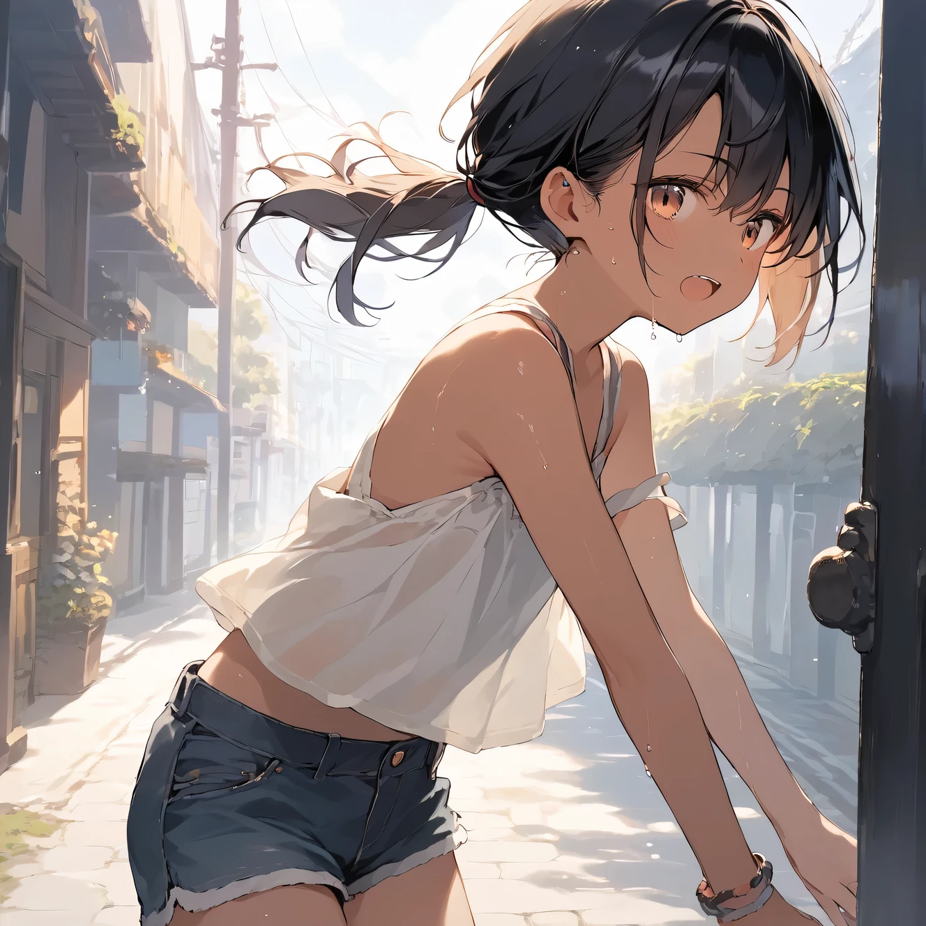 score_9, score_8_up, score_7_up, source_anime, best quality, masterpiece,official art, absurdres, highres, waifu2x,Collection: Slice of Life,break,1girl, tomboy, dark-skinned female, short hair, low ponytail, flat chest,  beautiful detailed eyes, short shorts, sweat, open mouth, (yawn:0.3), sleepily, outdoors, wind, break,(clear line illustration:1.2),very high resolution, very aesthetic, super detailed skin, Best sexual lighting powered by famous artist, 8k,cute picture,beauty illustration,photoshop_(medium),,(Detailed Lighting)
