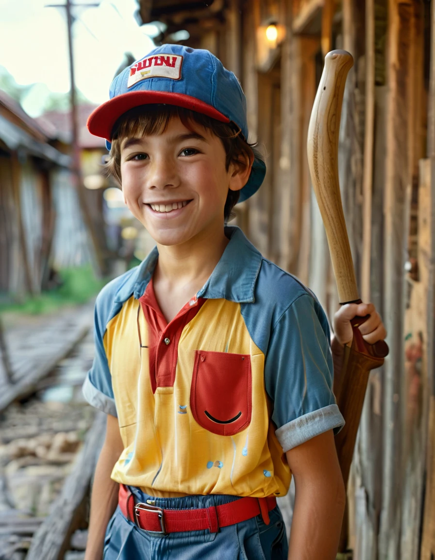 Caucasian, wearing his trademark blue shorts, yellow striped shirt and red hat. With a friendly smile and standing expression ready for adventure. Holding a wooden bat
(((male))), (((best quality))), (((masterpiece))), exceptionally handsome man, 12 year old boy with perfect body, 4k, 8k, best quality, portrait, location is old American town in 1990s, full body shot, wide view