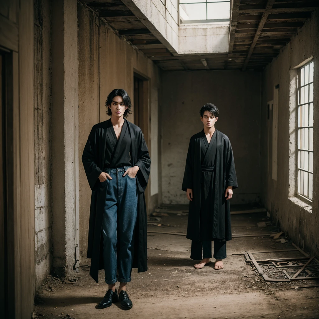 stunning candid all-black outfit color raw portrait, (sfw:1.2) [1man:ArnaosBaxterTI a man:0.0], as a helpful traveler, (denim trousers and robe below the knees)}, standing in an old building on the edge of a small town, natural light, gritty and realistic, color raw photo, epic character composition, sharp focus, subsurface scattering, f2, 35mm, film grain
