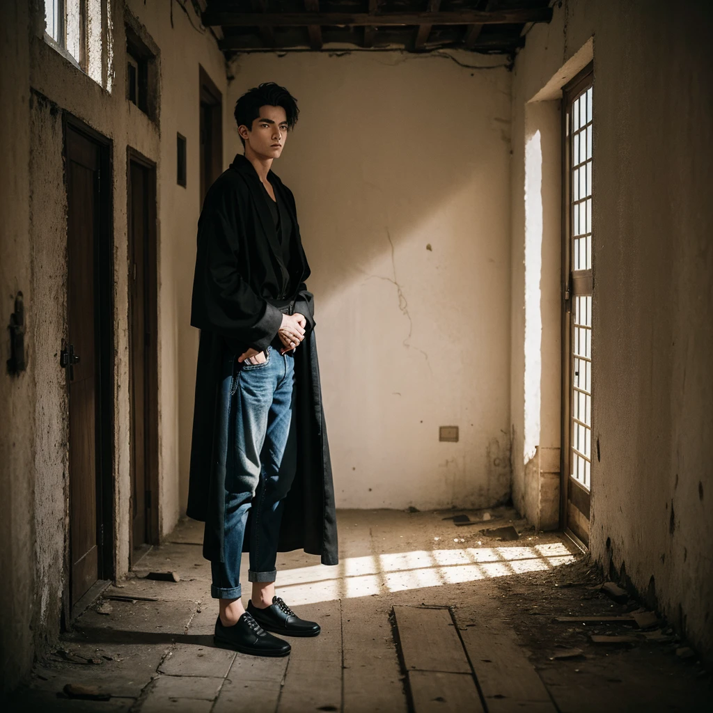 stunning candid all-black outfit color raw portrait, (sfw:1.2) [1man:ArnaosBaxterTI a man:0.0], as a helpful traveler, (denim trousers and robe below the knees)}, standing in an old building on the edge of a small town, natural light, gritty and realistic, color raw photo, epic character composition, sharp focus, subsurface scattering, f2, 35mm, film grain