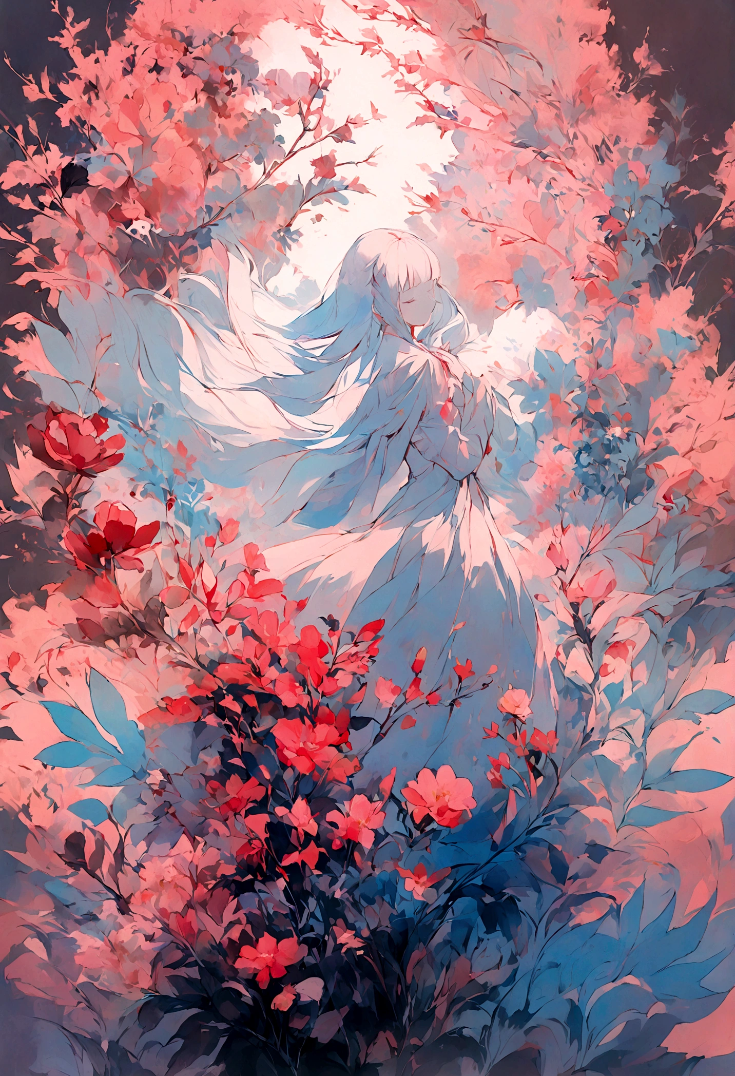 1 Girl,flower, Platycodon ,Light pink and light blue style, Dreamy and romantic composition, light pink, ethereal foliage, Interesting arrangement,fantasy, High contrast, Ink strokes, Impression of purple with red tones , Abstract