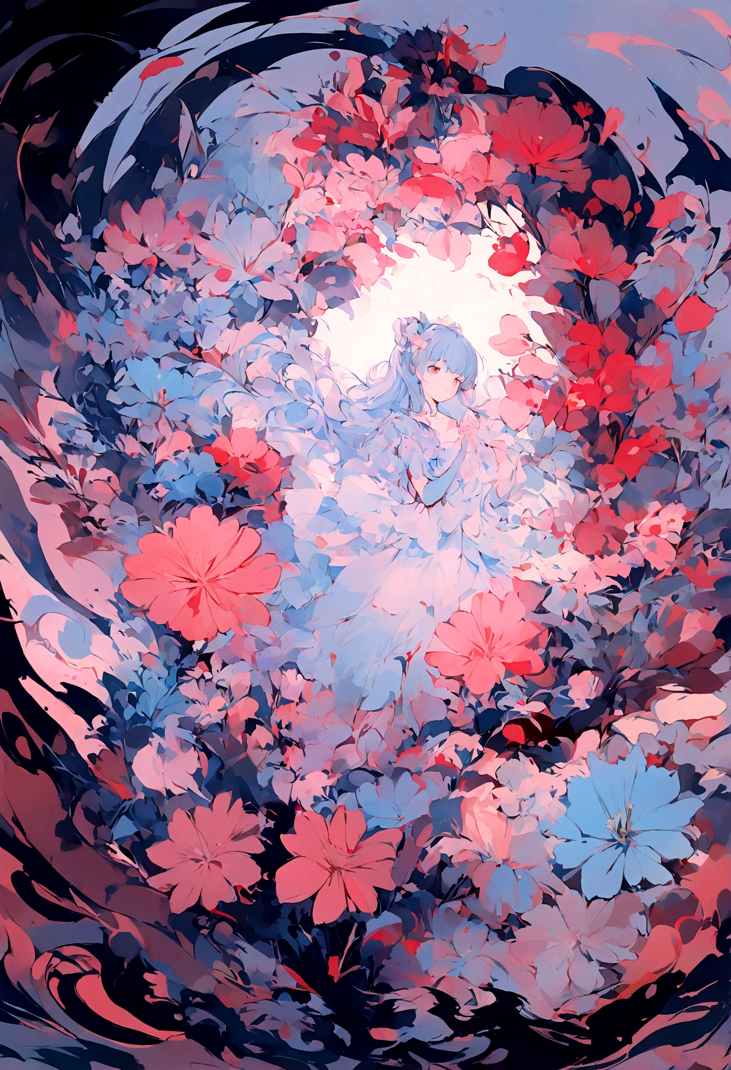 1 Girl,flower, Platycodon ,Light pink and light blue style, Dreamy and romantic composition, light pink, ethereal foliage, Interesting arrangement,fantasy, High contrast, Ink strokes, Impression of purple with red tones , Abstract