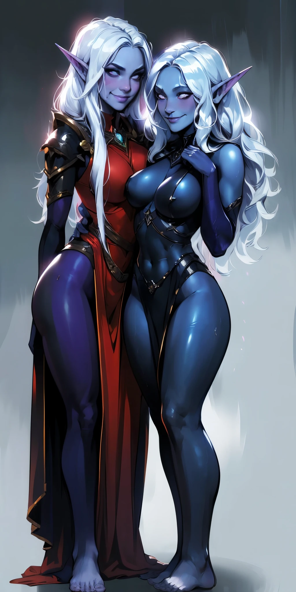 masterpiece, best quality, CG, wallpaper, HDR, high quality, high-definition, extremely detailed, drow, colored skin, dark elf, blue skin, grey skin, pointy ears, long hair, chibi, red cheeks, sweat 😓 (happy smile closed mouth) Body position: Standing, straight, symmetrical, barefoot, Lustful smile on face with red blush, 2 girls who gets married and stands in front of many people, kissing, purple skin drow elves