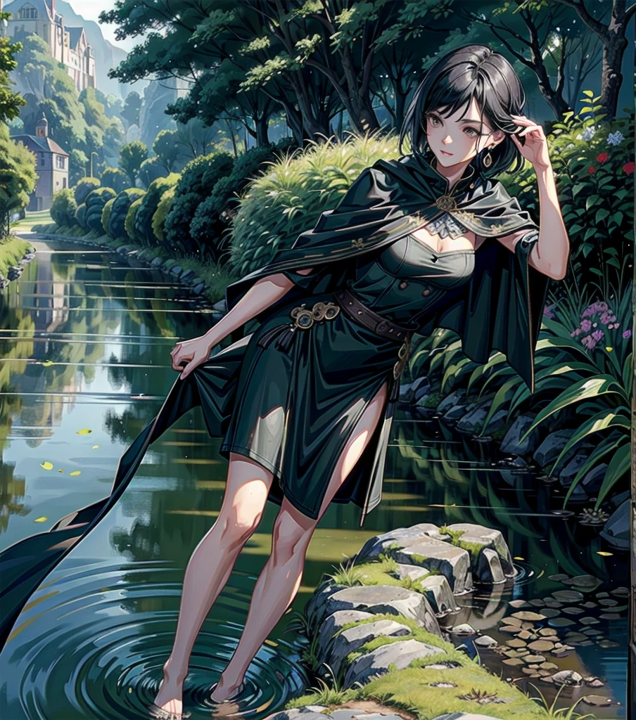 whole body, solo, alone, perfect anatomy, correct body, ideal ratio of body proportions, tearful mole, earring, medium hair, black hair, medium tits, cloak, shirt, skirt, detailed intricate folds, elegant flowing fabric, a beautiful countryside village, quaint houses, cobblestone streets, lush green meadows, rolling hills, colorful flowers, a small stream running through,