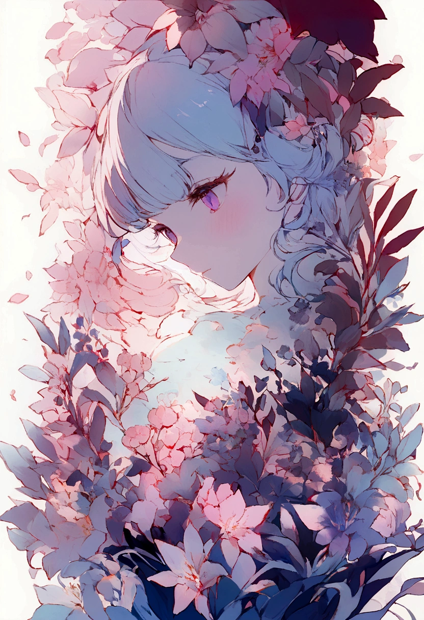 1 Girl,flower, Platycodon ,Light pink and light blue style, Dreamy and romantic composition, light pink, ethereal foliage, Interesting arrangement,fantasy, High contrast, Ink strokes,  Impression of purple with red tones , Abstract
