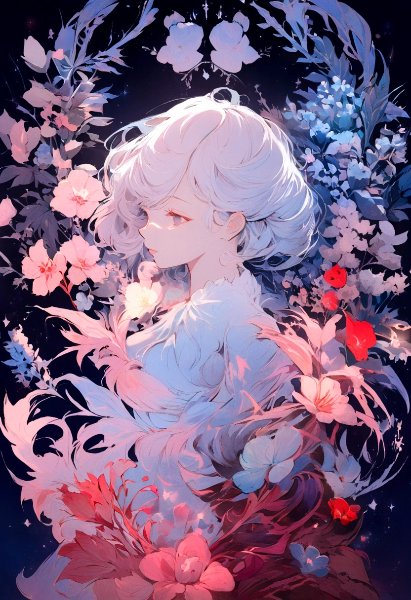 1 Girl,flower, Platycodon ,Light pink and light blue style, Dreamy and romantic composition, light pink, ethereal foliage, Interesting arrangement,fantasy, High contrast, Ink strokes,  Impression of purple with red tones , Abstract