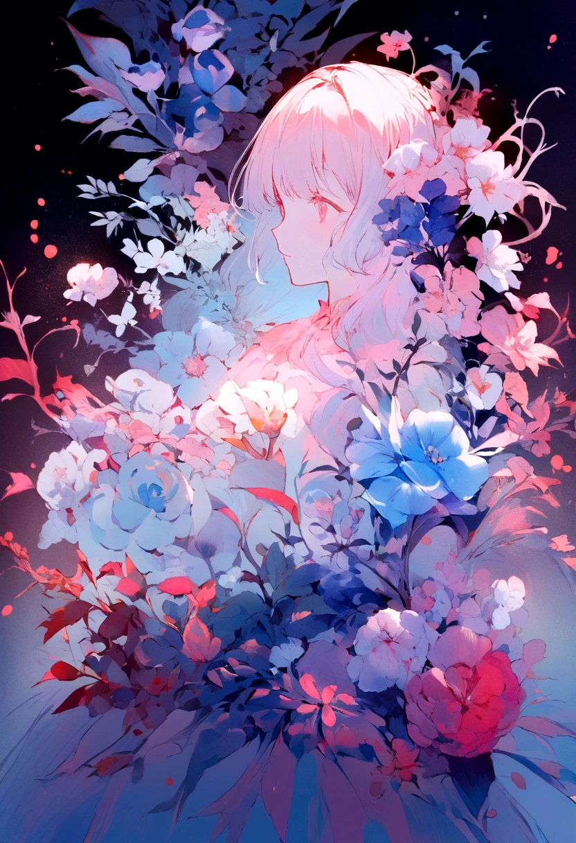 1 Girl,flower, Platycodon ,Light pink and light blue style, Dreamy and romantic composition, light pink, ethereal foliage, Interesting arrangement,fantasy, High contrast, Ink strokes,  Impression of purple with red tones , Abstract