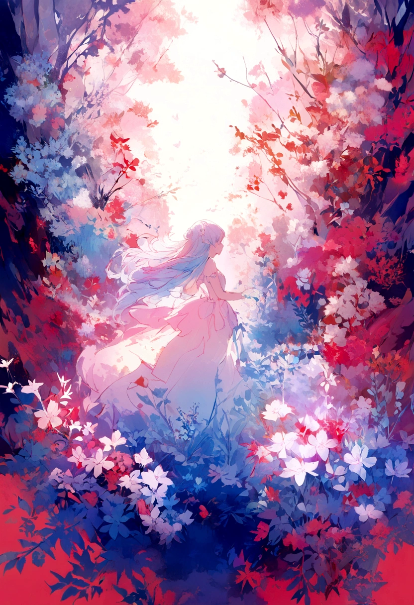 1 Girl,flower, Platycodon ,Light pink and light blue style, Dreamy and romantic composition, light pink, ethereal foliage, Interesting arrangement,fantasy, High contrast, Ink strokes, Impression of purple with red tones , Abstract