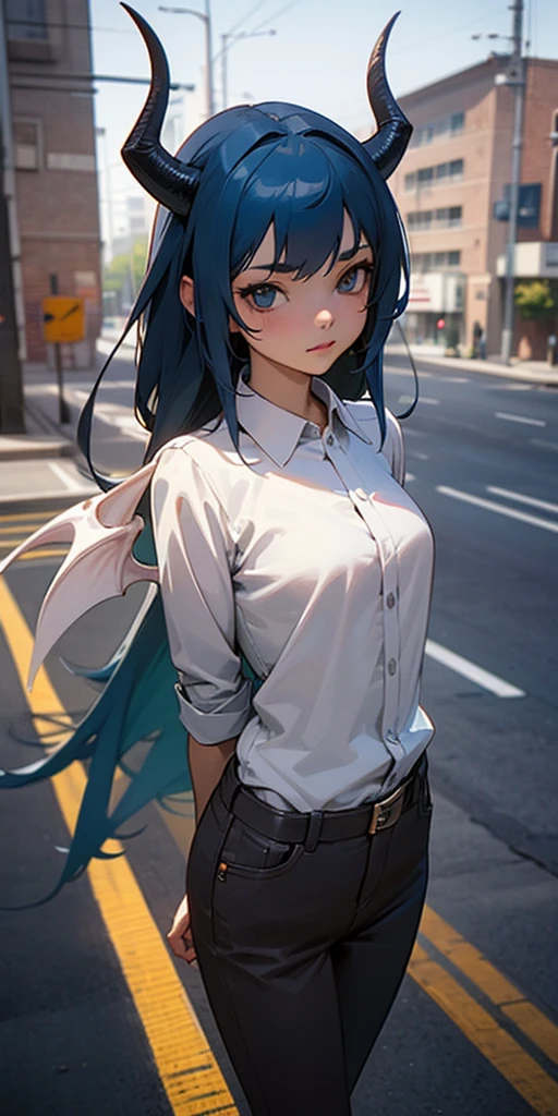 Anime girl with blue hair and horns on the street, 3D realistic animation, 2. 5D CGI anime fantasy artwork, Anime style 3d, Anime style. 8K, 4k Anime style, 3d style realistic anime, deviantart artstation cgscosiety, Digital Animation Art, guweiz style art, detailed Digital Animation Art, White shirt, Dragon Wings