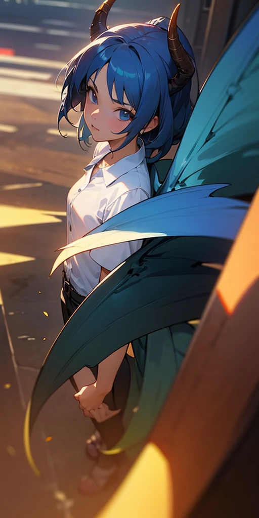 Anime girl with blue hair and horns on the street, 3D realistic animation, 2. 5D CGI anime fantasy artwork, Anime style 3d, Anime style. 8K, 4k Anime style, 3d style realistic anime, deviantart artstation cgscosiety, Digital Animation Art, guweiz style art, detailed Digital Animation Art, White shirt, Dragon Wings