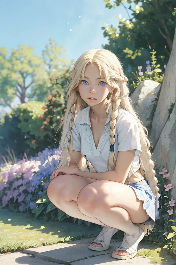 (masterpiece, best quality), ultra high resolution, depth of field, 1 pretty anime girl, , finely detailed, high details, high quality shadow, beautifully detailed, (bokeh: 1.5), solo, flower, outdoor, day, sky, cloud, sunlight, white shirt with short sleeves, very short denim skirt, cropped, full body, whole body in the middle of the picture, blue sky, (highly detailed skin, skin details), look viewer, long blonde hair, artfully braided hair, parted lips, breasts, flat stomach, long hair (platinum blonde hair:1.5), ((blue eyes)), Art by Makoto Shinkai, Anime Moe Artstyle, Digital Art on Pixiv, Azur Lane Style, squatting, legs open, tight panties