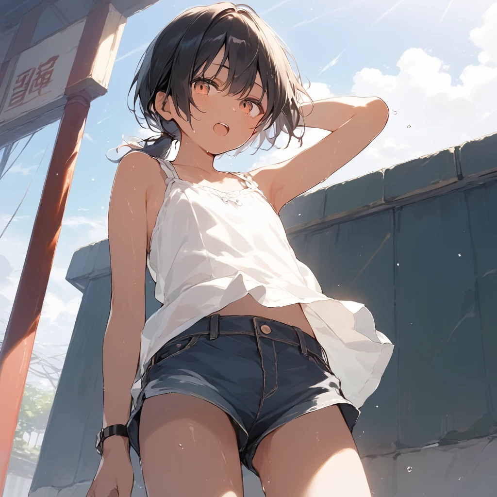 score_9, score_8_up, score_7_up, source_anime, best quality, masterpiece,official art, absurdres, highres, waifu2x,Collection: Slice of Life,break,1girl, tomboy, dark-skinned female, short hair, low ponytail, flat chest, beautiful detailed eyes, short shorts, sweat, open mouth, (yawn:0.3), sleepily, outdoors, wind, break,(clear line illustration:1.2),very high resolution, very aesthetic, super detailed skin, Best sexual lighting powered by famous artist, 8k,cute picture,beauty illustration,photoshop_(medium),,(Detailed Lighting)