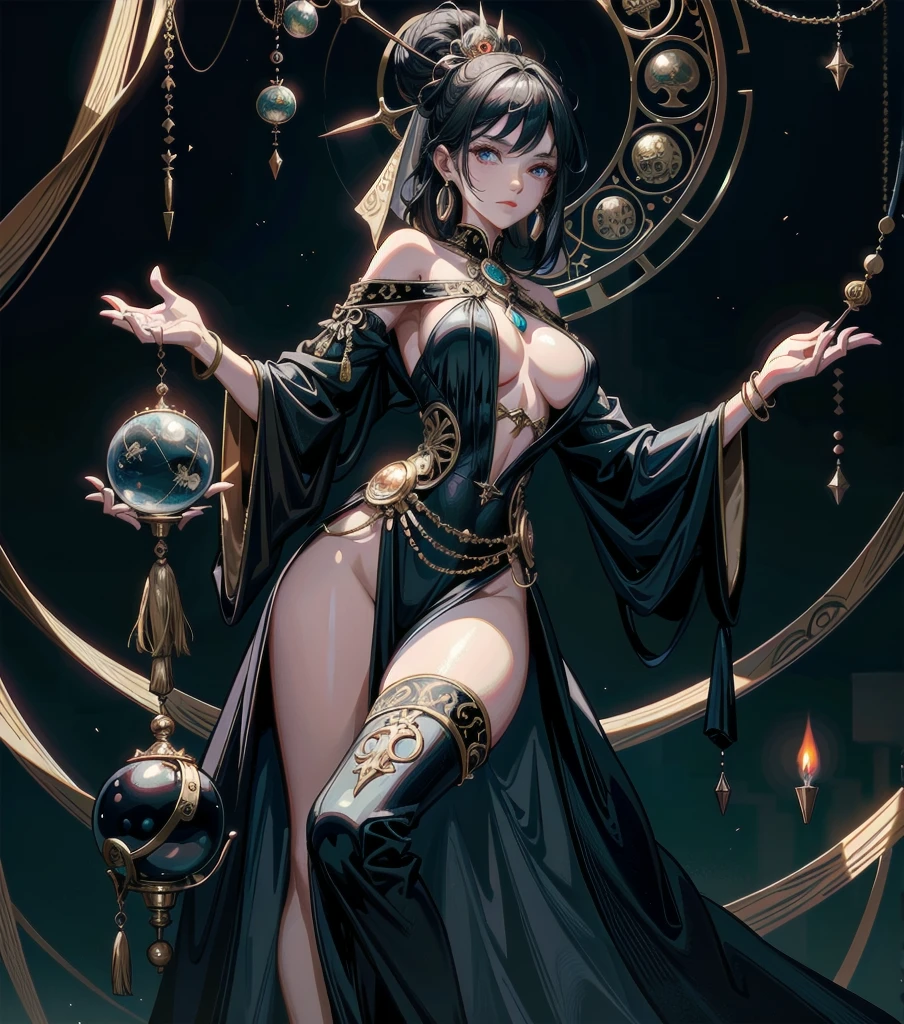 whole body, solo, alone, perfect anatomy, correct body, ideal ratio of body proportions, tearful mole, earring, medium hair, black hair, medium tits, mystical fortune teller, elegant woman diviner, occult tarot reader, intricate ornate costume, mystic crystal ball, a magical occult fortune teller's mansion, old antique furniture, crystal ball, tarot cards, candlelight,