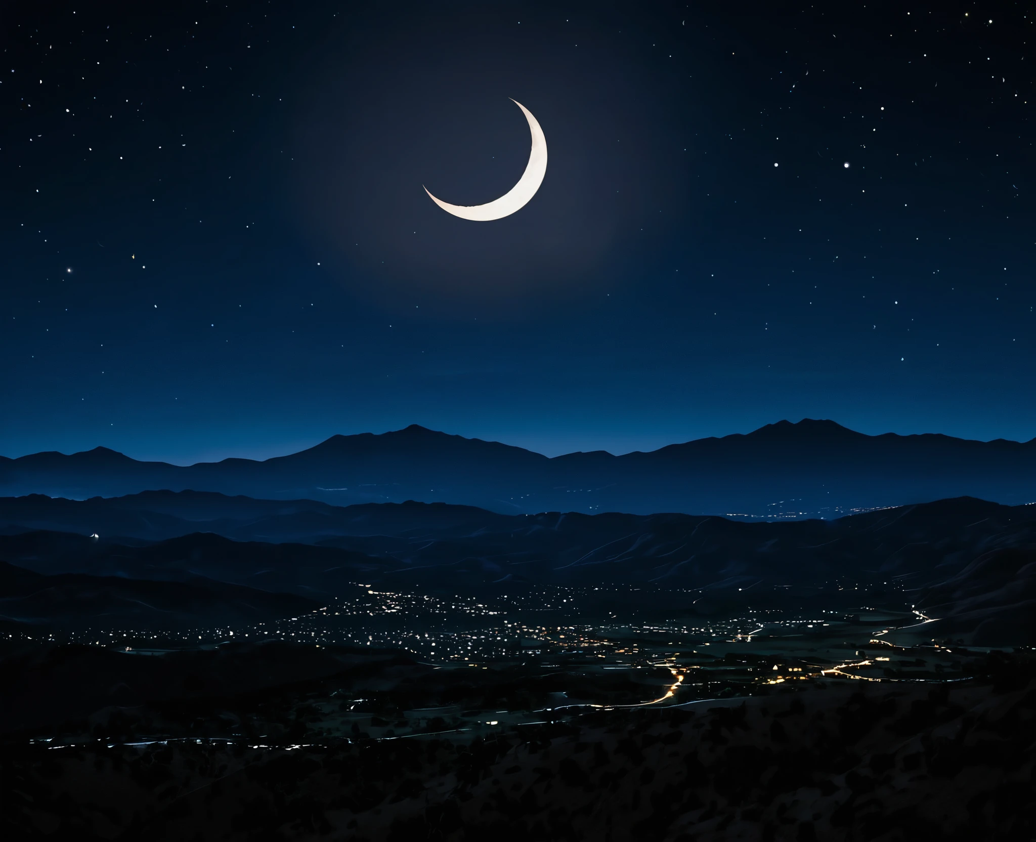 score_9, score_8_up, score_7_up,eclipse,outdoors,sky,no humans,night,moon,star (sky),night sky,scenery,full moon,starry sky,mountain,silhouette,crescent moon,landscape,mountainous horizon,hill ,