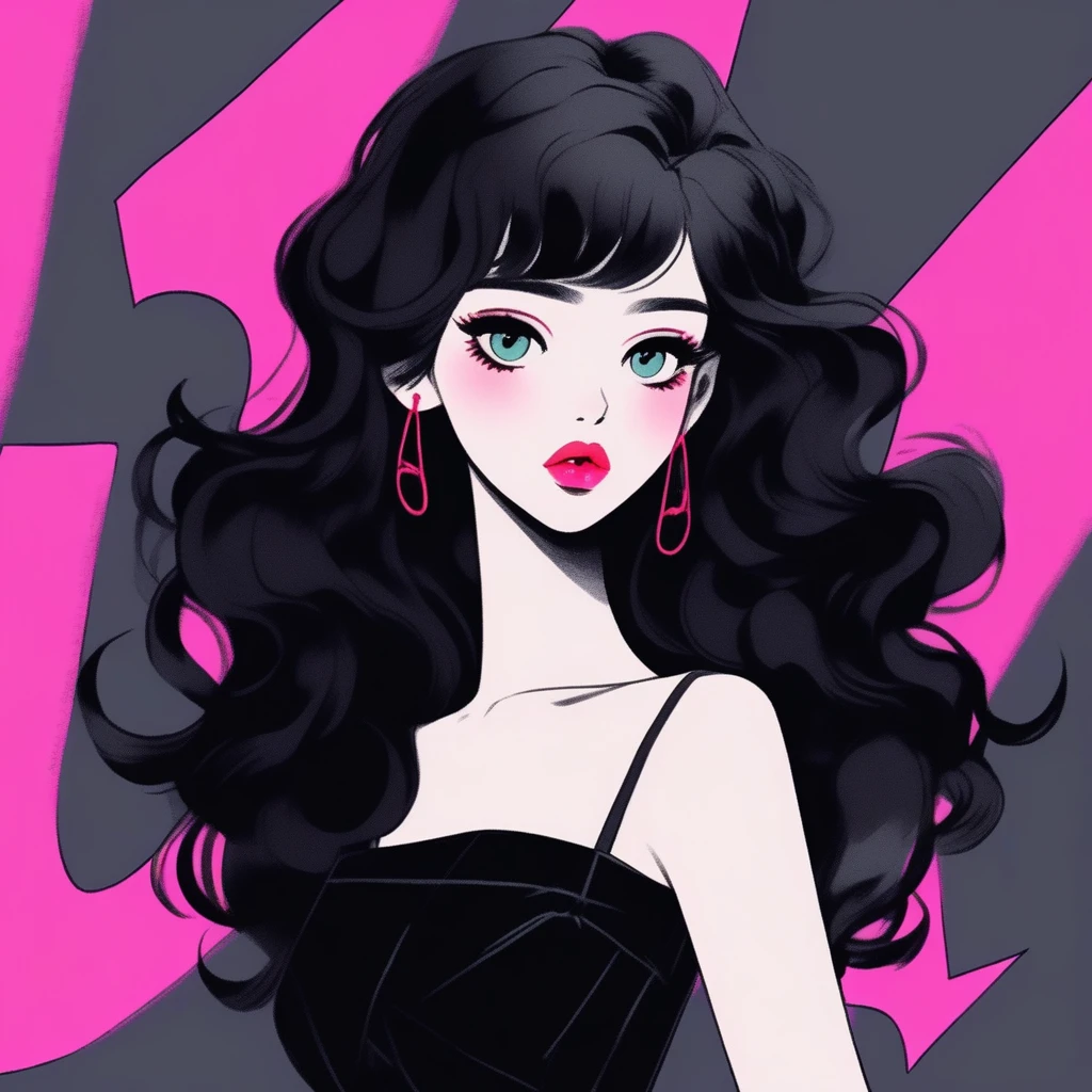 (best quality, sketch:1.2),Practical,Illustrator,Chinese cartoons,1 girl, Delicate lips, Black dress 8,(Background dark monochrome),Neon Hair,Texture cropping, masterpiece, Style: Vintage , Deep Black, Art, sketch book, (Black hair:1.75 Neon:1.32), Bad Woman , Dark Shadows