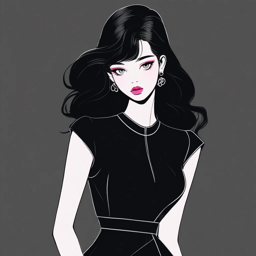 (best quality, sketch:1.2),Practical,Illustrator,Chinese cartoons,1 girl, Delicate lips, Black dress 8,(Background dark monochrome),Neon Hair,Texture cropping, masterpiece, Style: Vintage , Deep Black, Art, sketch book, (Black hair:1.75 Neon:1.32), Bad Woman , Dark Shadows