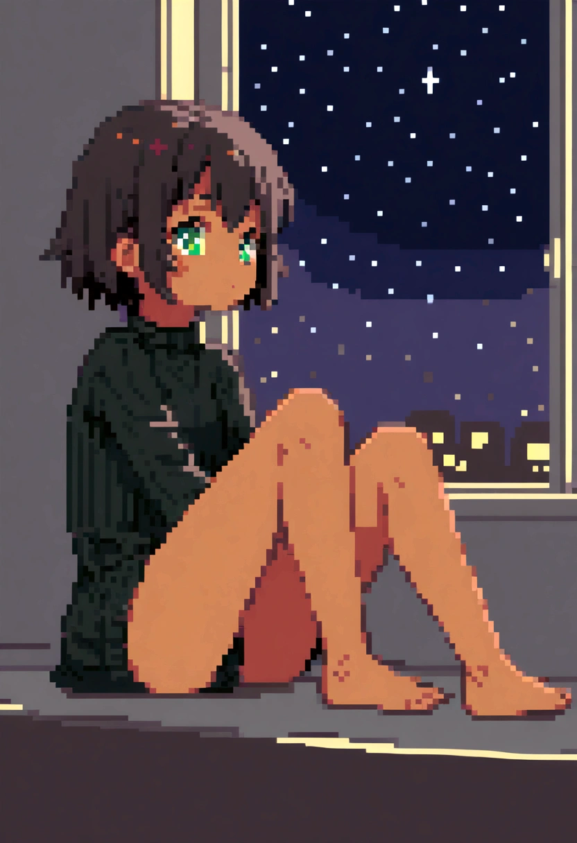 , short hair, dark hair, tan, green eyes, black sweater, bare legs, Sitting looking at the window, it's night, The night is full of bright stars,