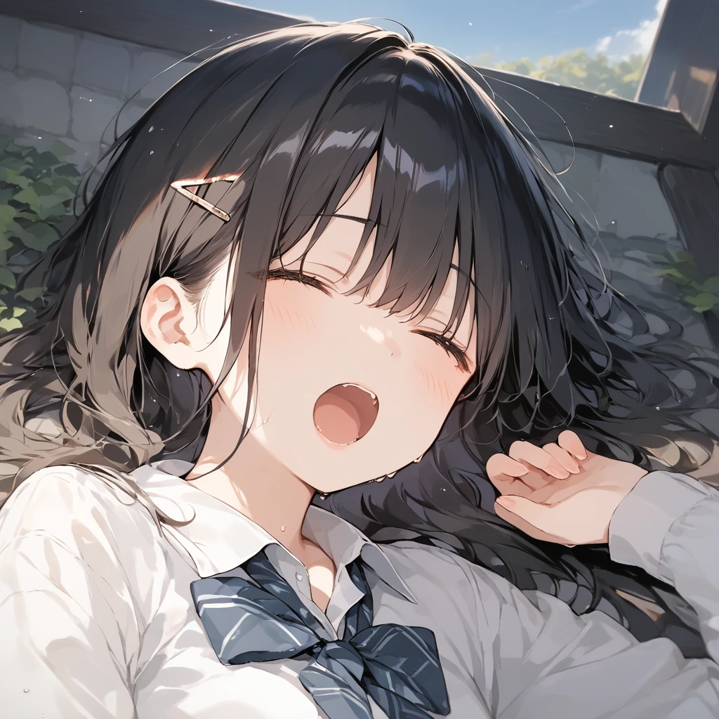 score_9, score_8_up, score_7_up, source_anime, best quality, masterpiece,official art, absurdres, highres, waifu2x,Collection: Slice of Life,break,1girl, school girl, beautiful detailed eyes,pleated skirt,sweat, open mouth, (yawn:0.3), sleepily, outdoors, break,(clear line illustration:1.2),very high resolution, very aesthetic, super detailed skin, Best sexual lighting powered by famous artist, 8k,cute picture,beauty illustration,photoshop_(medium),,(Detailed Lighting)