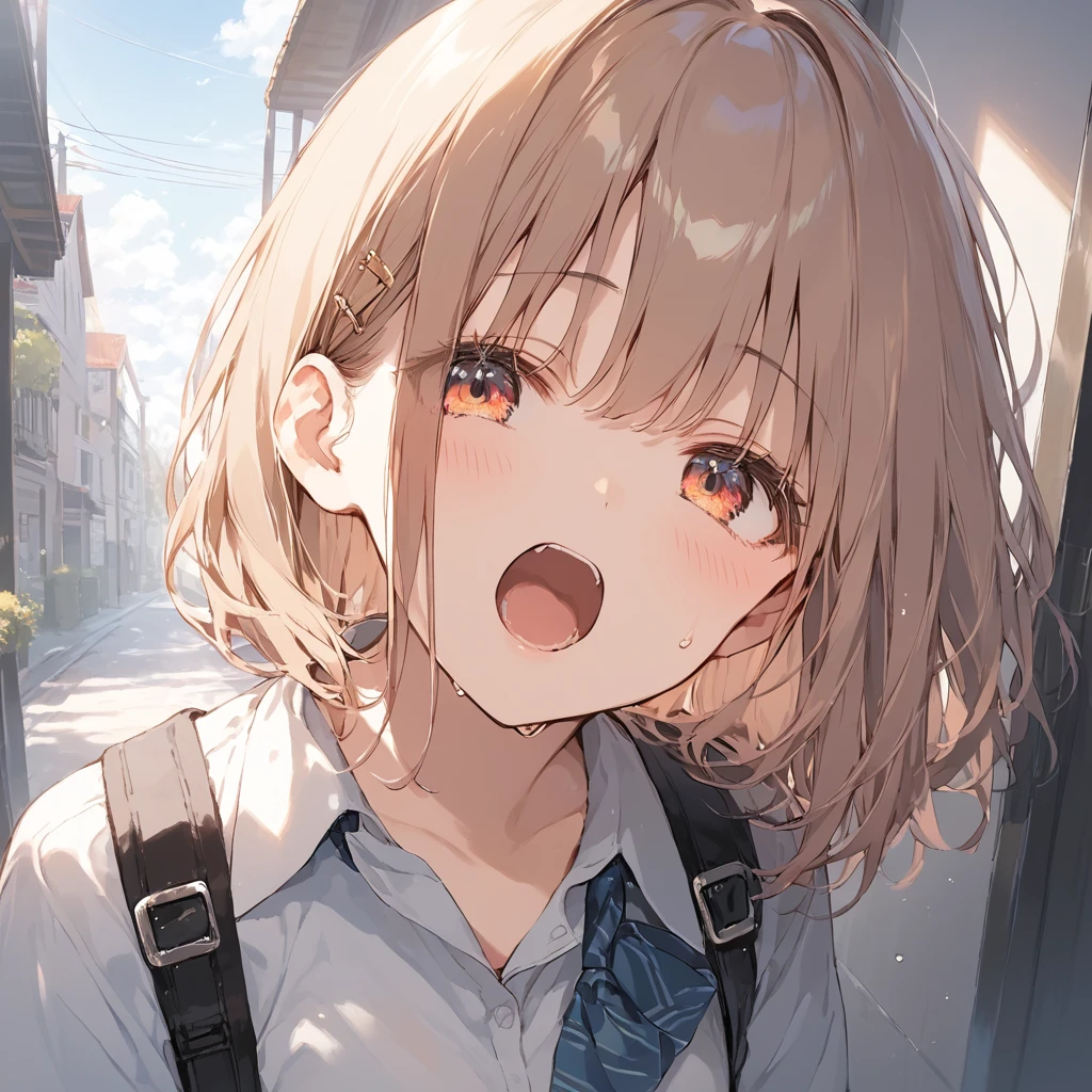 score_9, score_8_up, score_7_up, source_anime, best quality, masterpiece,official art, absurdres, highres, waifu2x,Collection: Slice of Life,break,1girl, school girl, beautiful detailed eyes,pleated skirt,sweat, open mouth, (yawn:0.3), sleepily, outdoors, break,(clear line illustration:1.2),very high resolution, very aesthetic, super detailed skin, Best sexual lighting powered by famous artist, 8k,cute picture,beauty illustration,photoshop_(medium),,(Detailed Lighting)