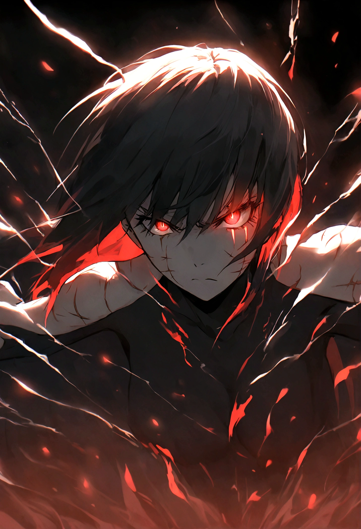 Focus on glowing Red eye streaks/line. Long and flowing black hair, reaching past her shoulders or even her mid-back. sharp eye, almost predatory shape, reflecting her fierce nature. Red iris color. Several prominent scars crisscross her face. A prominent scar that might bisect an eyebrow or run down her cheek, adding a touch of menace. slender build, but posture could be more assertive and confident. Dark background giving huge aura. Angry. Serious. Make it look like she is in an actual anime scene
