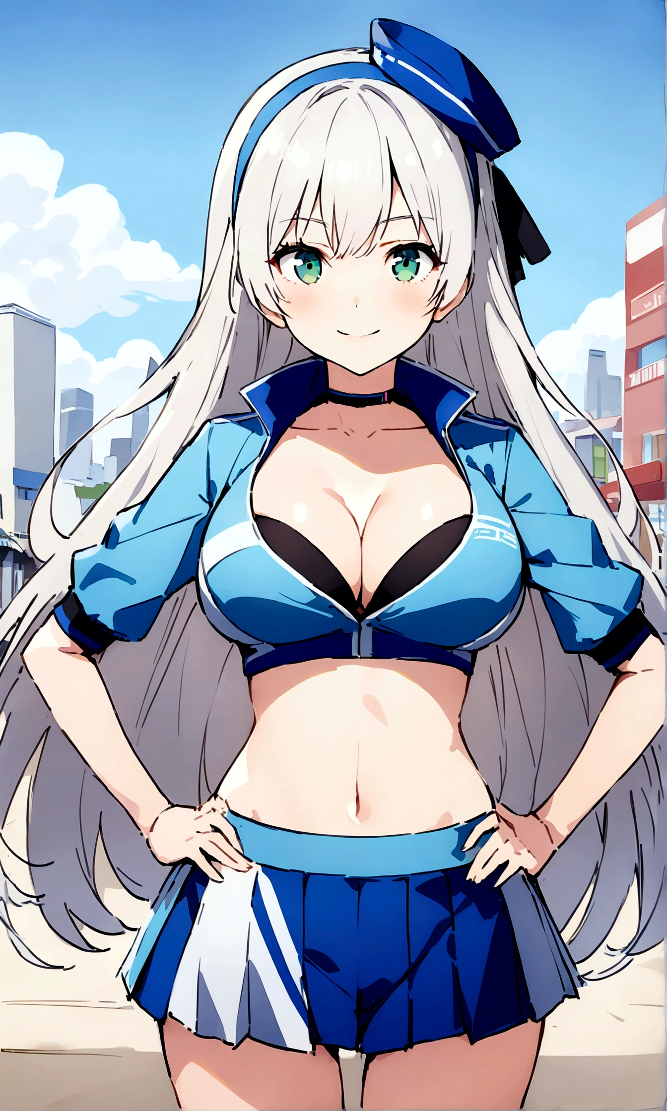 score_9, score_8_up, score_7_up,4k, ,BREAK , (from front,),standing,straight-on,hands on hips,1girl,RACEELIE,silver hair,long hair,HAIRBAND, CHOKER, BLUE HAT, BLUE JACKET, CROPPED JACKET, CLEAVAGE,large breast,, MIDRIFF, BLUE SHORTS, PLEATED SKIRT,(light smile),(daytime and beachside and city), detailed skin,,(best quality),(aesthetic,very aesthetic),sharp focus,depth of field,,