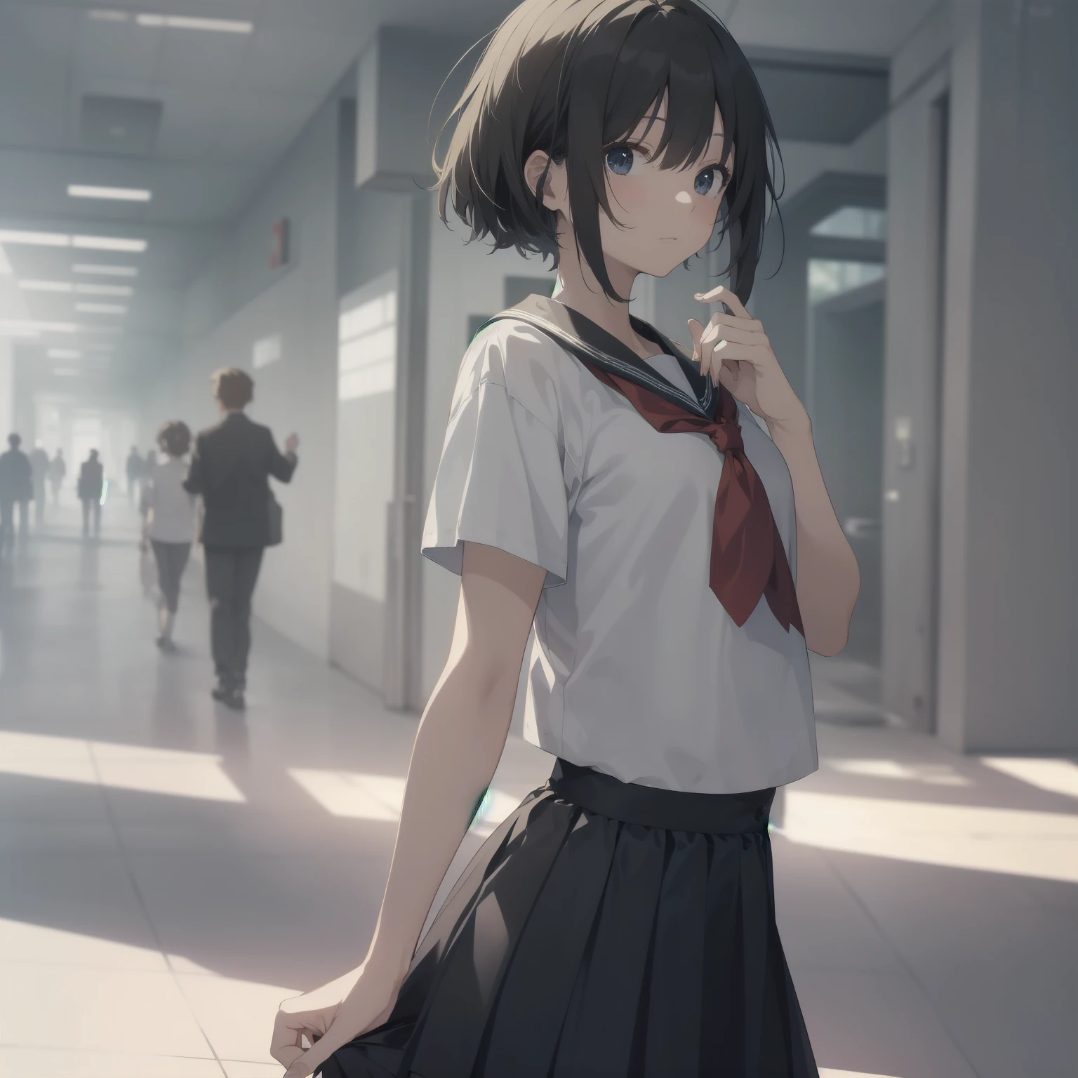 ultra-absurdres-Top quality by artist God, ultra-detailed, high resolution, anime moe artstyle, best anime 8k konachan wallpaper, pixiv contest winner, pool:2810, perfect anatomy,break, 1girl, (Please draw a girl walking sleepily to school alone. )break,(Solo,little female, 13-year-old:1.3),Full limbs, complete fingers,a junior high school student, (very short hair), short cut, flat chest, , small butt, small black eyes, beautiful detailed eyes, well-proportioned iris and pupils, expressive eyes, highres detailed hair, soft expression, salor school_uniform, sailor collar, serahuku, bow, pleated skirt,(Detailed Lighting), (Detailed background), in the School commute route. break,super detailed skin, Best cinematic lighting powered by famous artist, 8k,beauty illustration,photoshop_(medium),very aesthetic,break,((artist:neocoill )), artist:clamp ,artist:carnelian ,artist:kantoku ,
