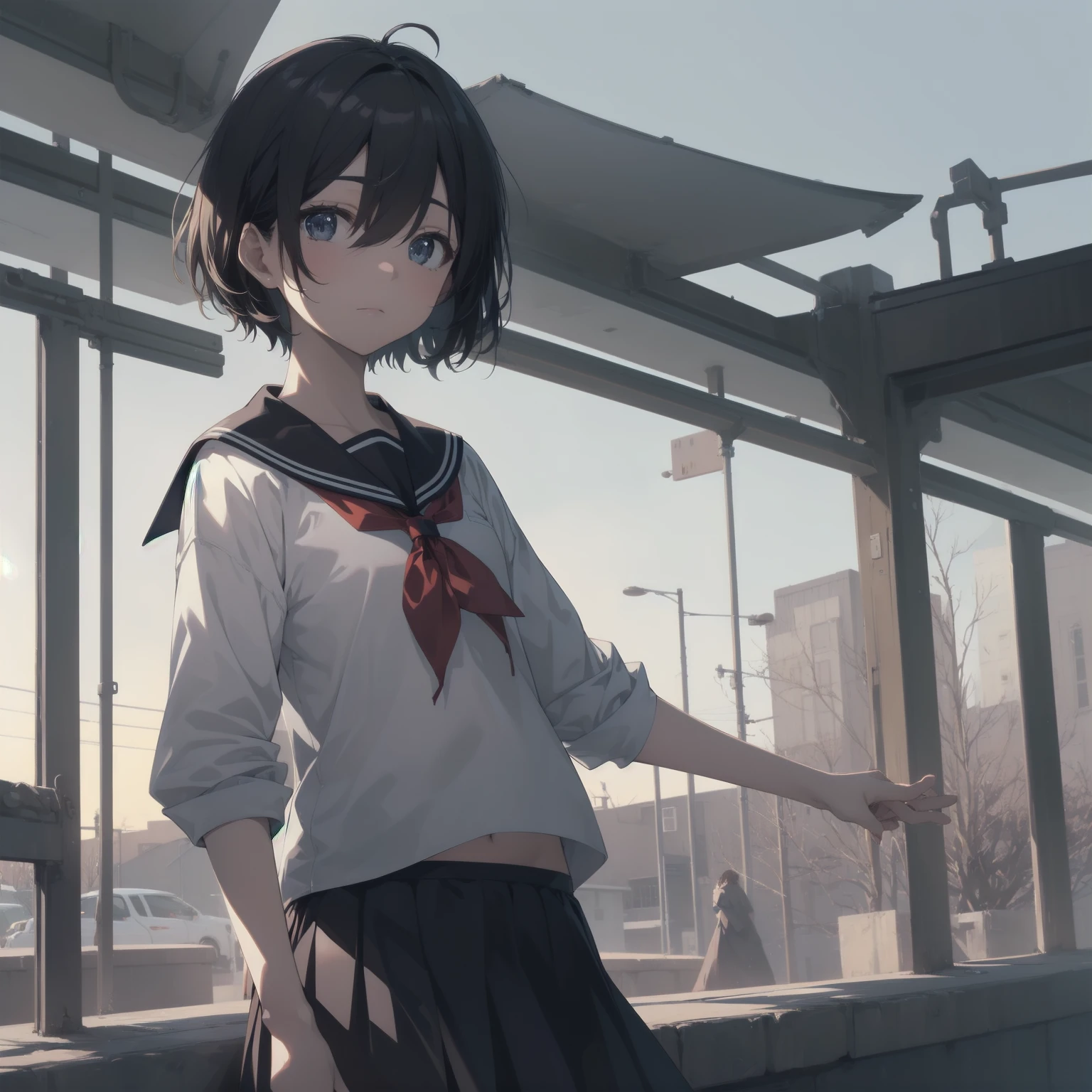 ultra-absurdres-Top quality by artist God, ultra-detailed, high resolution, anime moe artstyle, best anime 8k konachan wallpaper, pixiv contest winner, pool:2810, perfect anatomy,break, 1girl, (Please draw a girl walking sleepily to school alone. )break,(Solo,little female, 13-year-old:1.3),Full limbs, complete fingers,a junior high school student, (very short hair), short cut, flat chest, , small butt, small black eyes, beautiful detailed eyes, well-proportioned iris and pupils, expressive eyes, highres detailed hair, soft expression, salor school_uniform, sailor collar, serahuku, bow, pleated skirt,(Detailed Lighting), (Detailed background), in the School commute route. break,super detailed skin, Best cinematic lighting powered by famous artist, 8k,beauty illustration,photoshop_(medium),very aesthetic,break,((artist:neocoill )), artist:clamp ,artist:carnelian ,artist:kantoku ,
